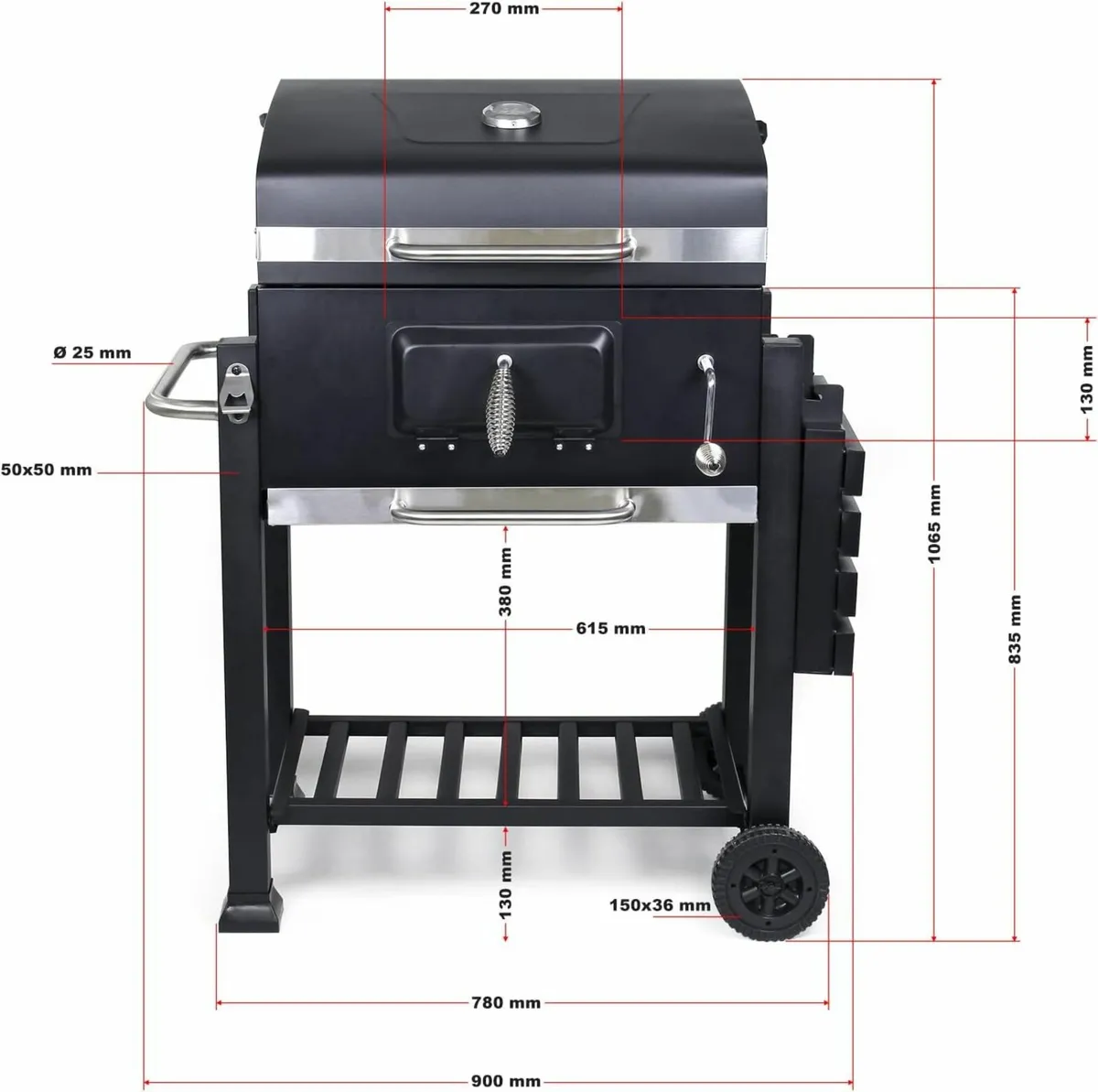 BBQ Charcoal Trolley with Wheels, Side Shelf - Image 3