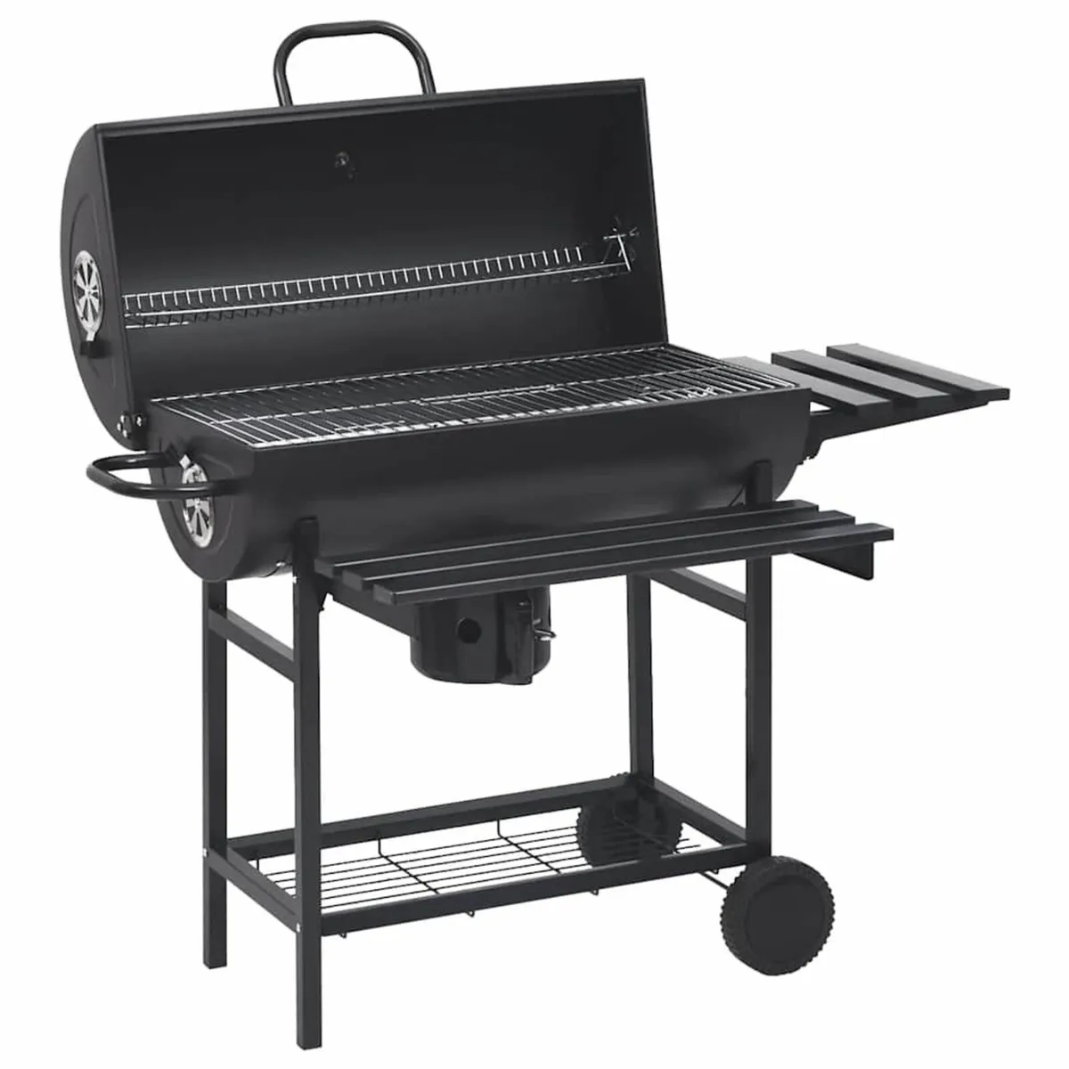 Barrel Grill with Wheels and Shelves Black Steel - Image 1
