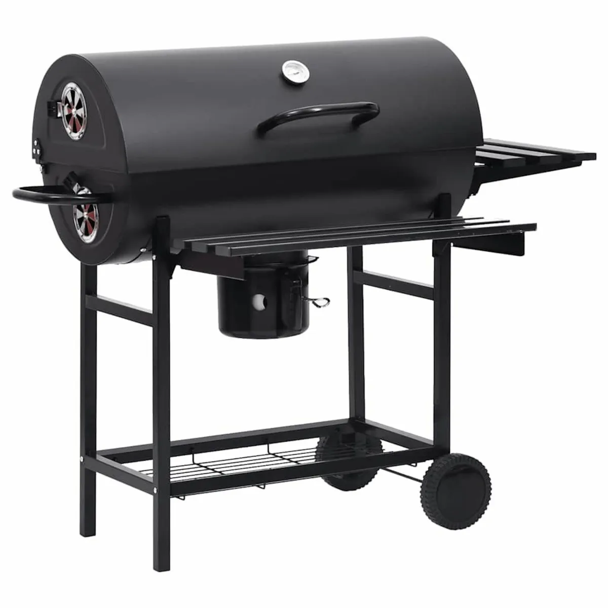 Barrel Grill with Wheels and Shelves Black Steel - Image 2