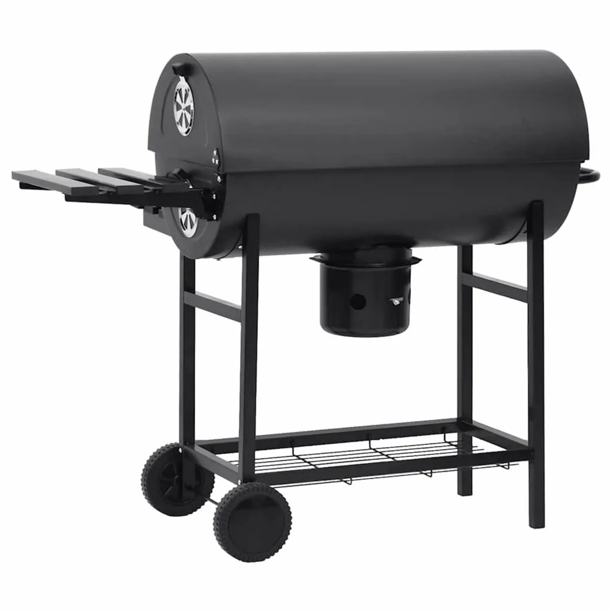 Barrel Grill with Wheels and Shelves Black Steel - Image 4