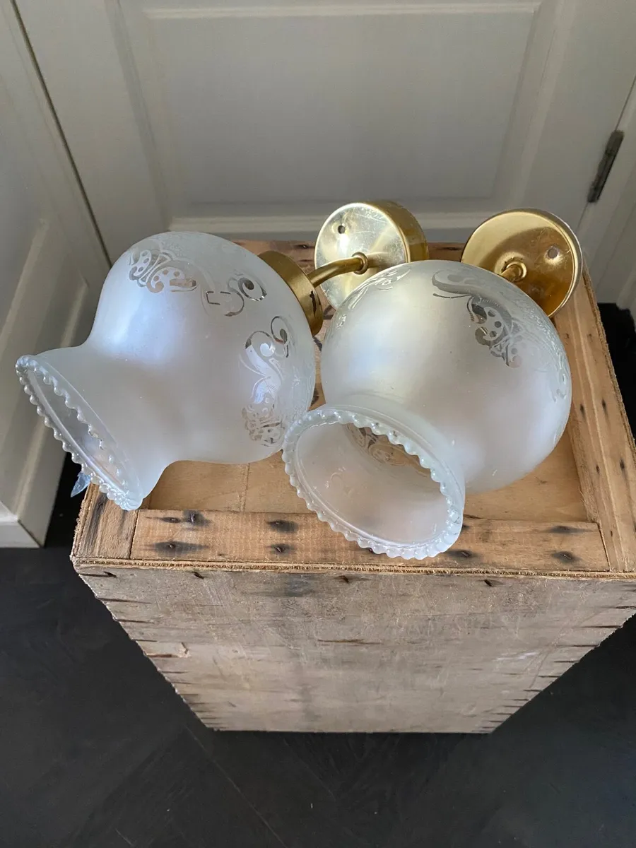 Wall lights - brass brackets & frosted glass shade - Image 1