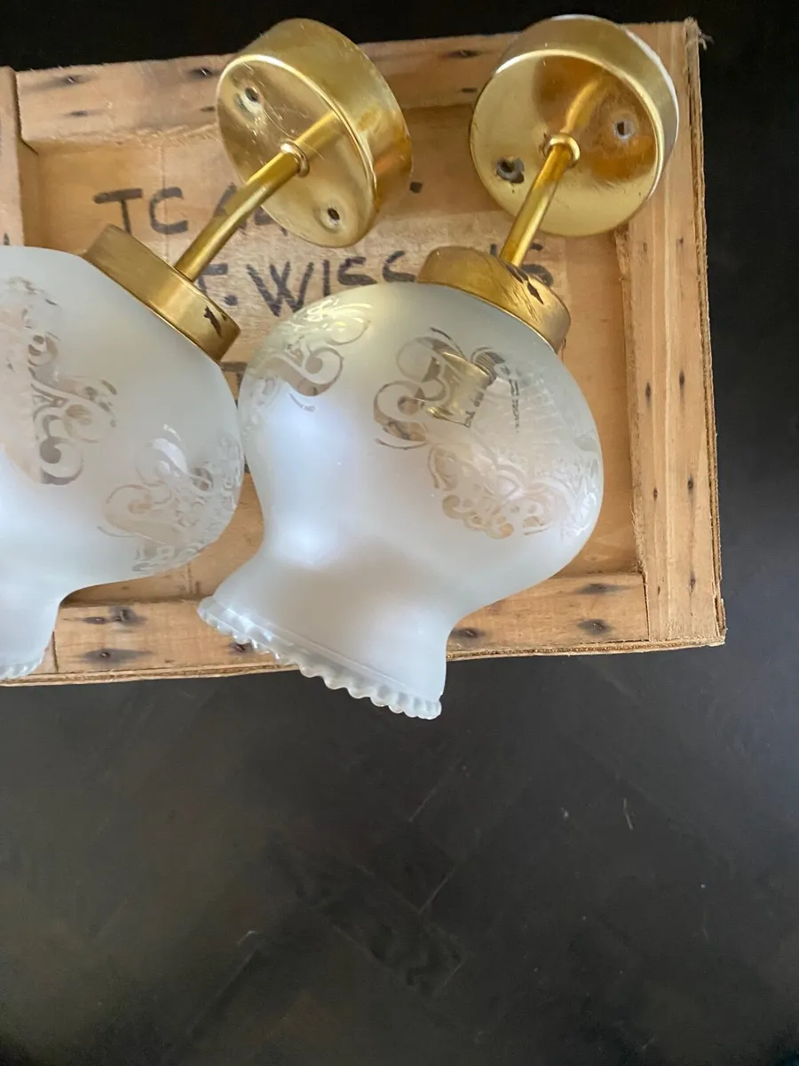 Wall lights - brass brackets & frosted glass shade - Image 3