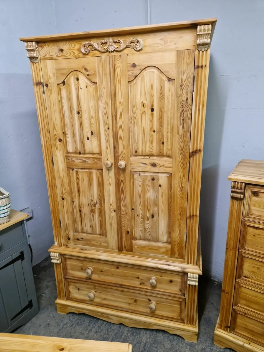 Vintage pine wardrobe, chest, pair lockers - Image 2