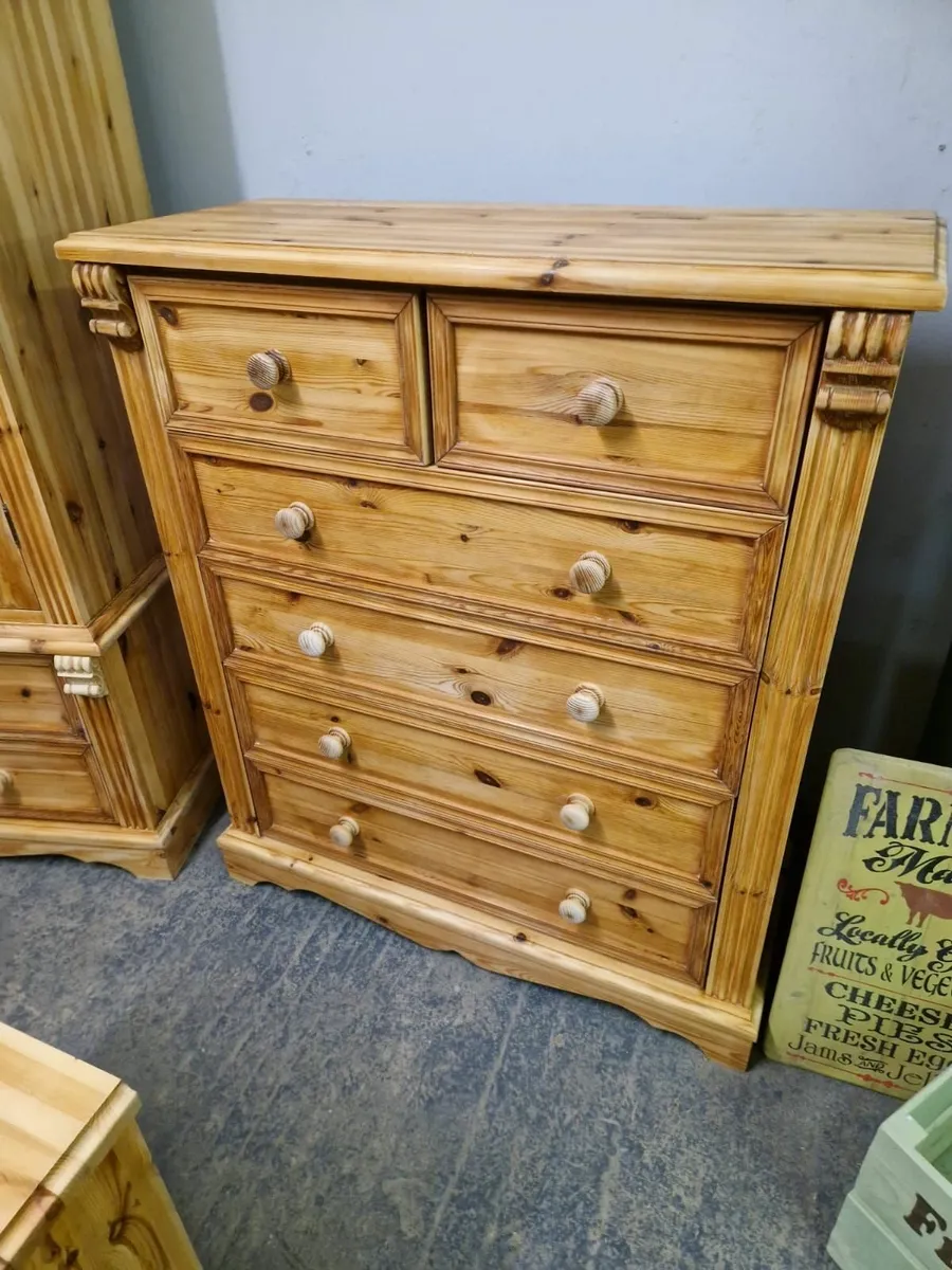 Vintage pine wardrobe, chest, pair lockers - Image 4