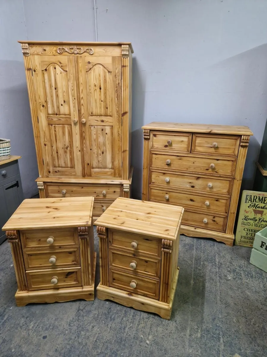 Vintage pine wardrobe, chest, pair lockers - Image 1