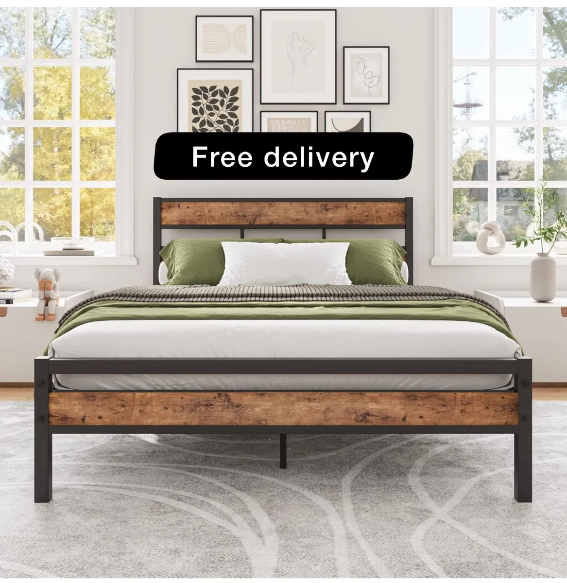 Double Bed Frame with Wooden Headboard - Image 1