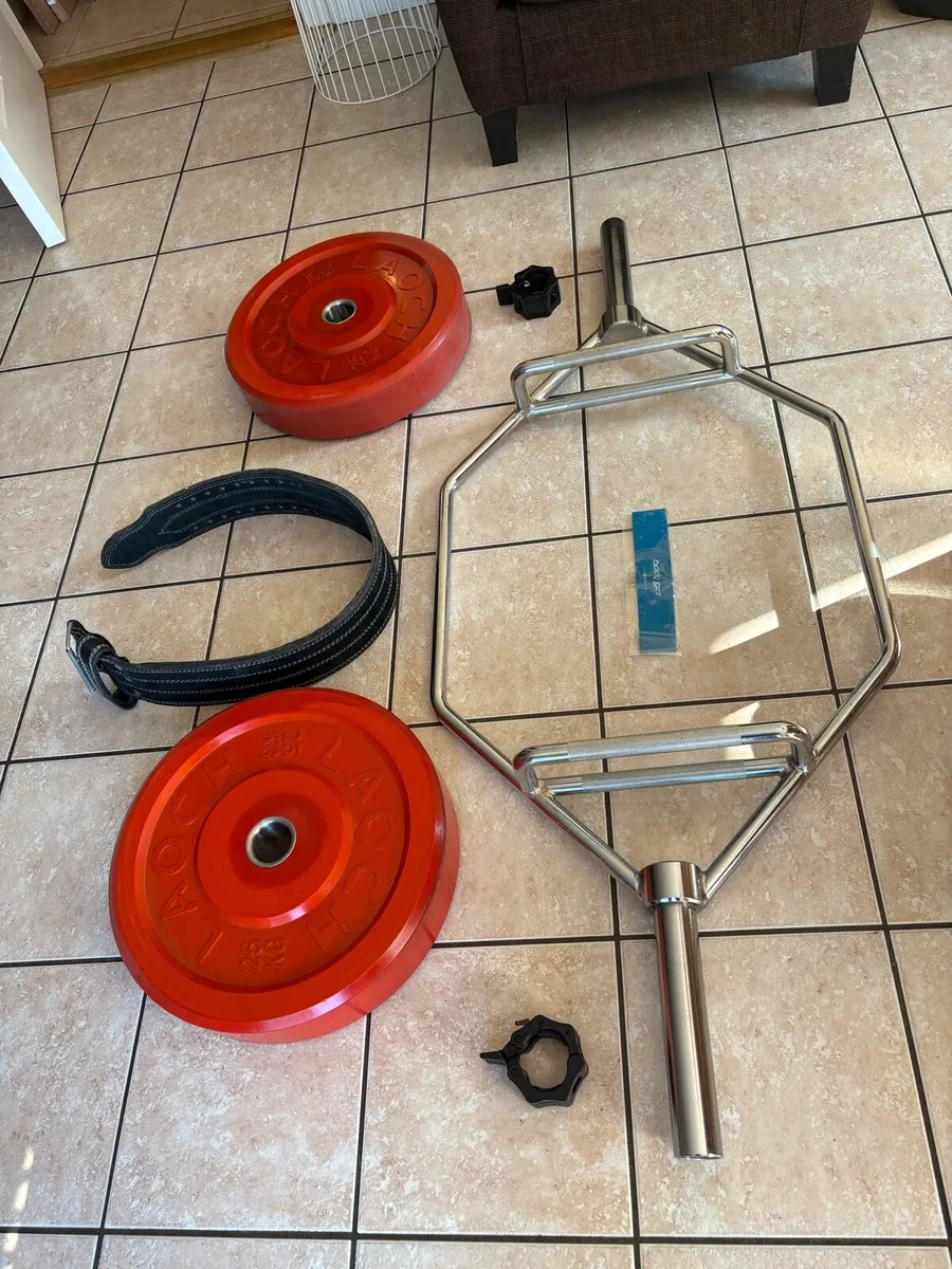 OLYMPIC 20KG HEX BAR, BUMPER PLATES, WGT BELT. - Image 1