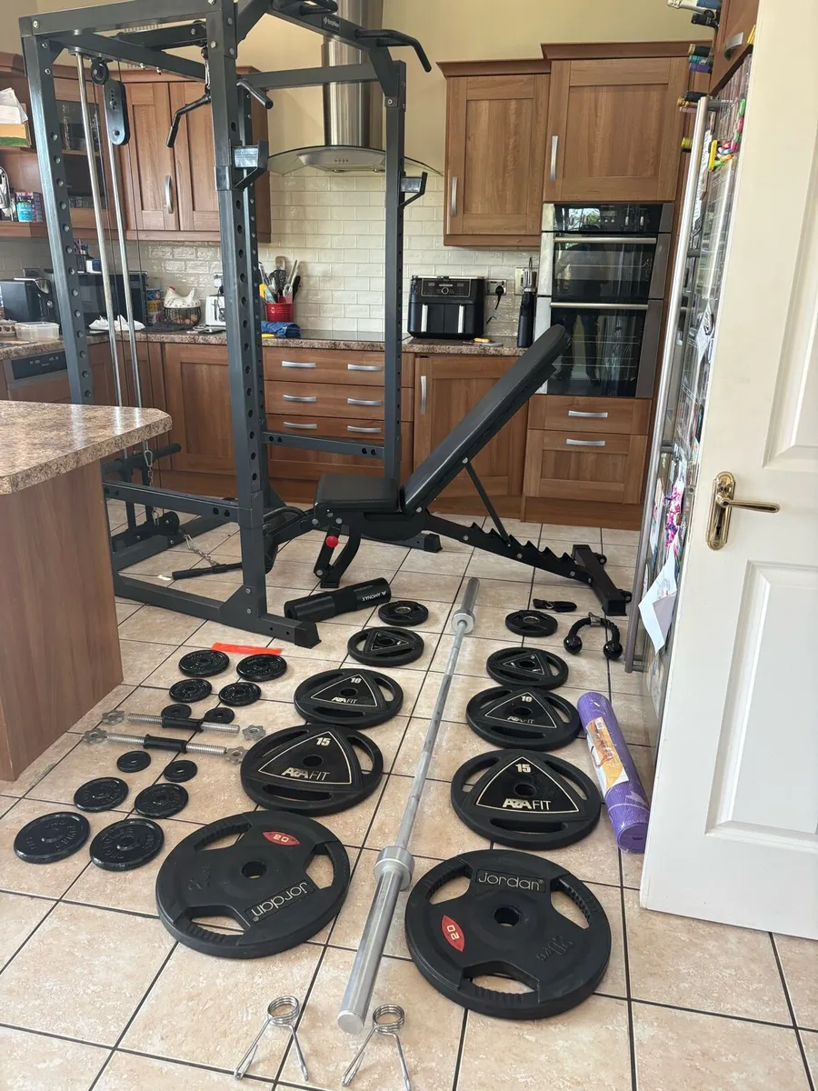 GYM POWER RACK + CABLE SYSTEM, WEIGHTS, BENCH ETC! - Image 1
