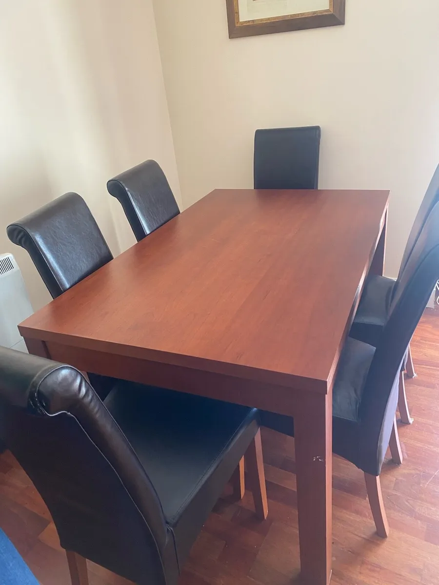 Dining Table with 6 Brown Leather Chairs - Image 1