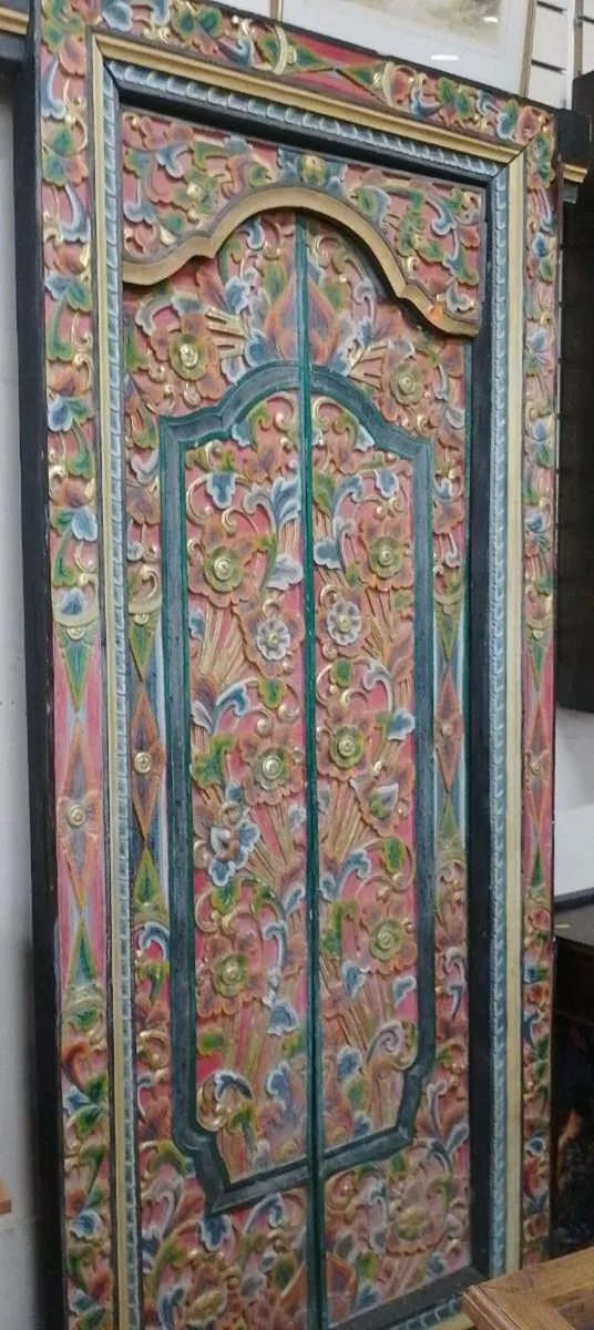 Ornate Carved And Painted Indian Door - Image 2