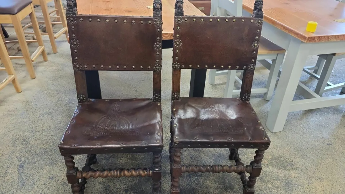 Pair early 1900s embossed leather chairs - Image 4