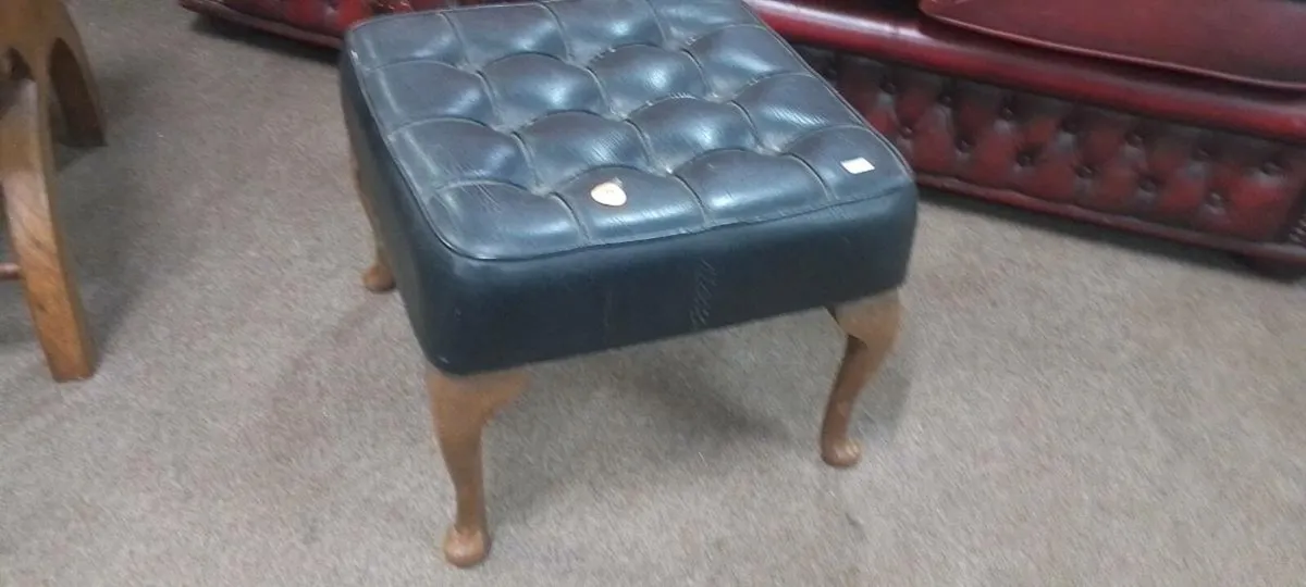 Black Leather Buttoned Footstool