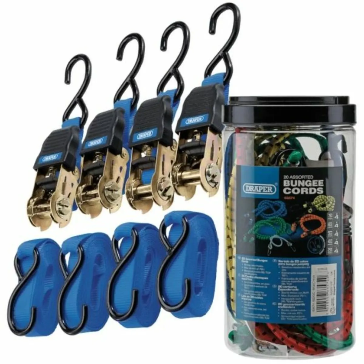 Draper 4.5m Tie Down Straps + Bungee Cords Bundle