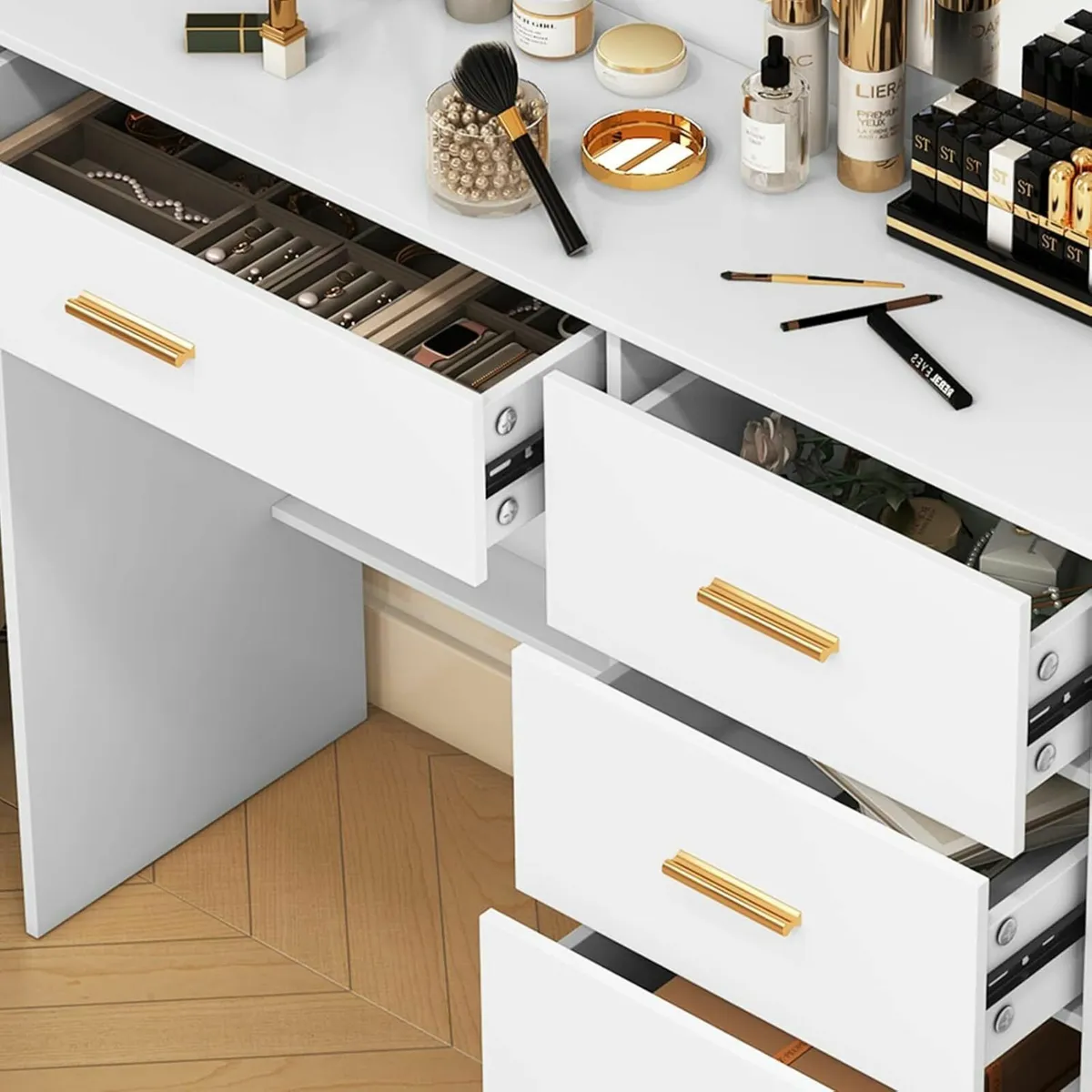 Dressing Table anity Desk LED Lights Drawers Gold - Image 2