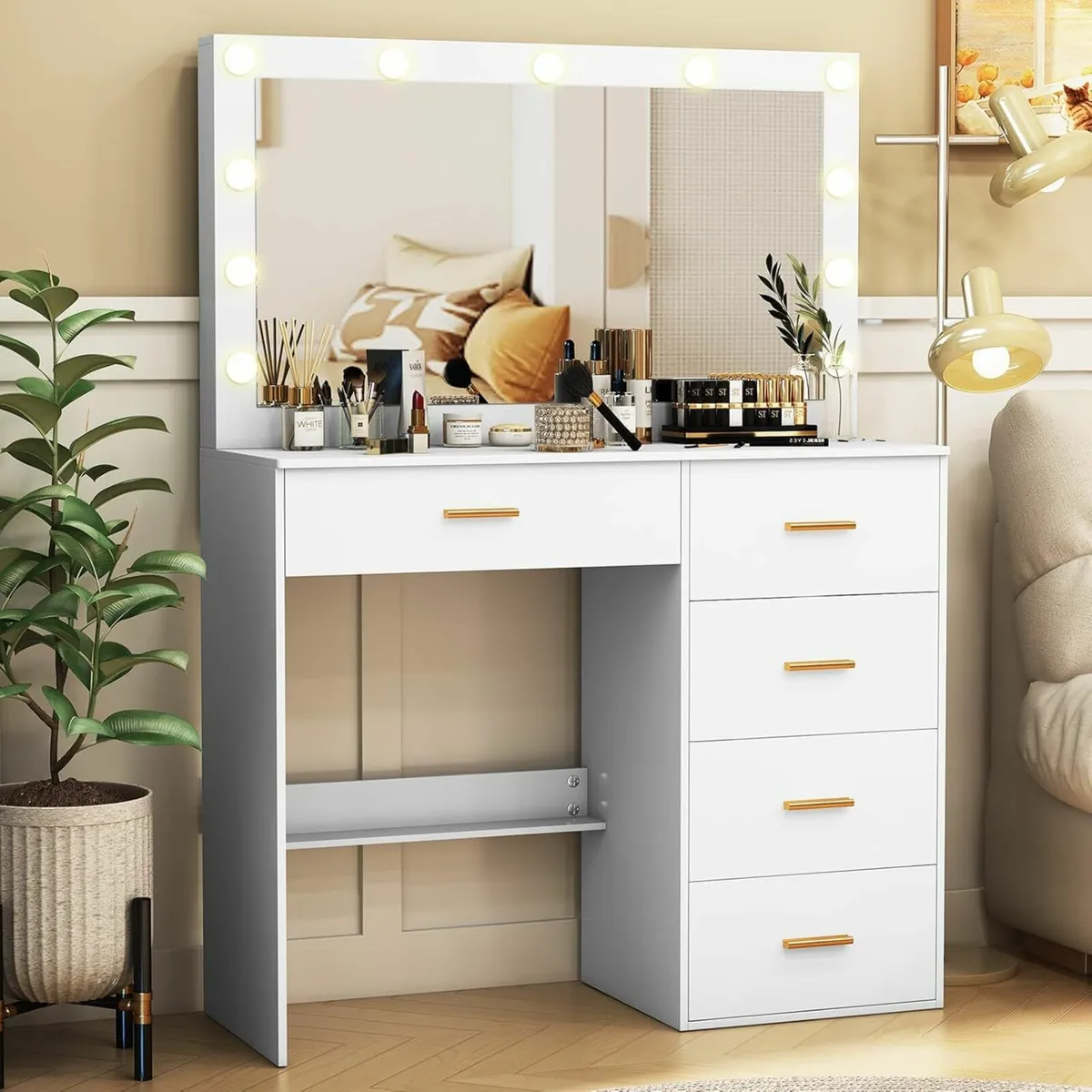 Dressing Table anity Desk LED Lights Drawers Gold - Image 1