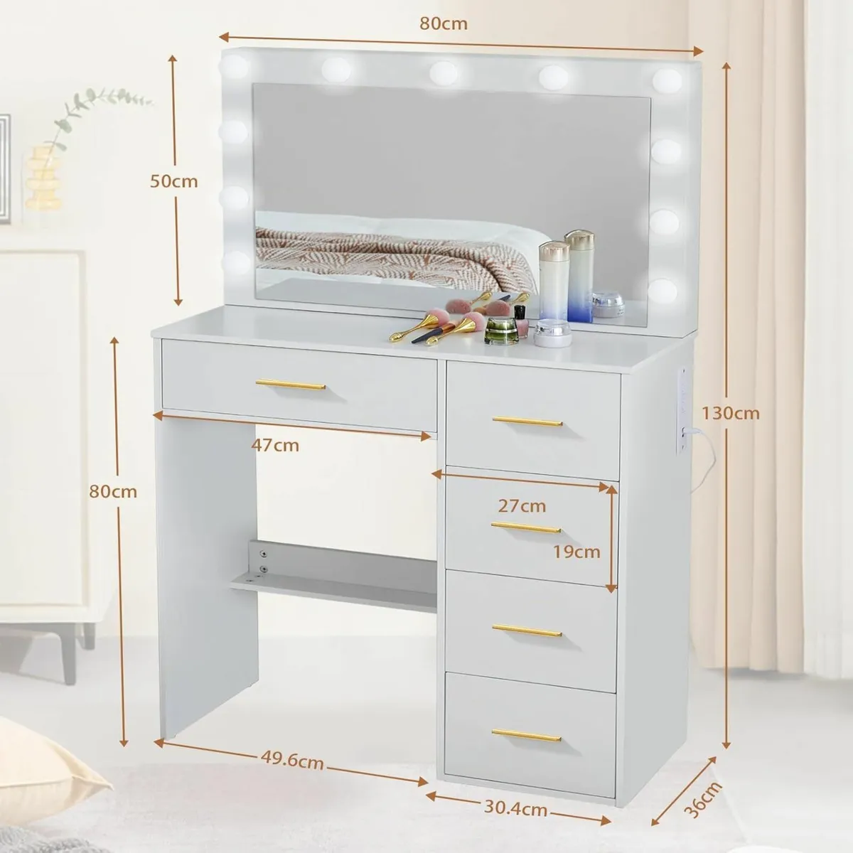 Dressing Table anity Desk LED Lights Drawers Gold - Image 4