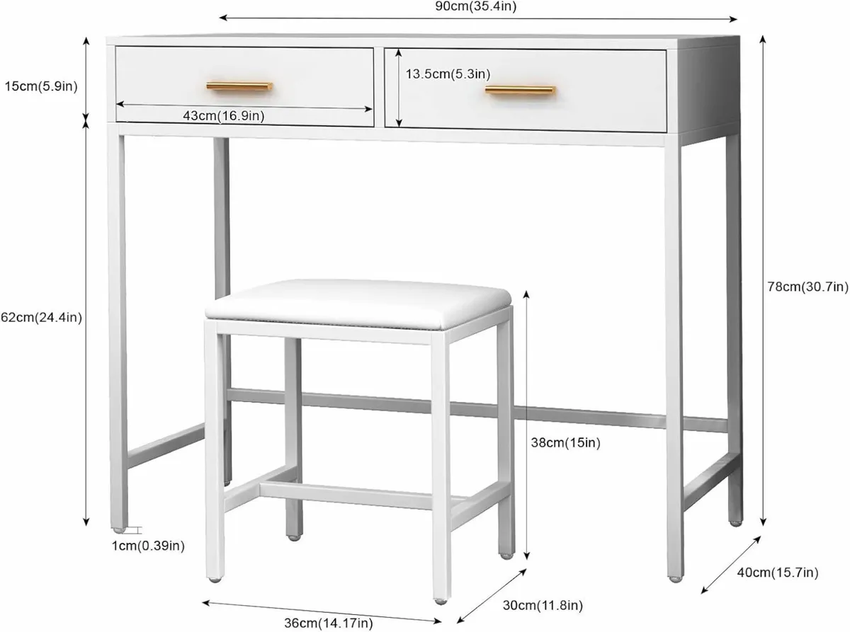 White Dressing Table Cushioned Stool, Vanity Table - Image 2
