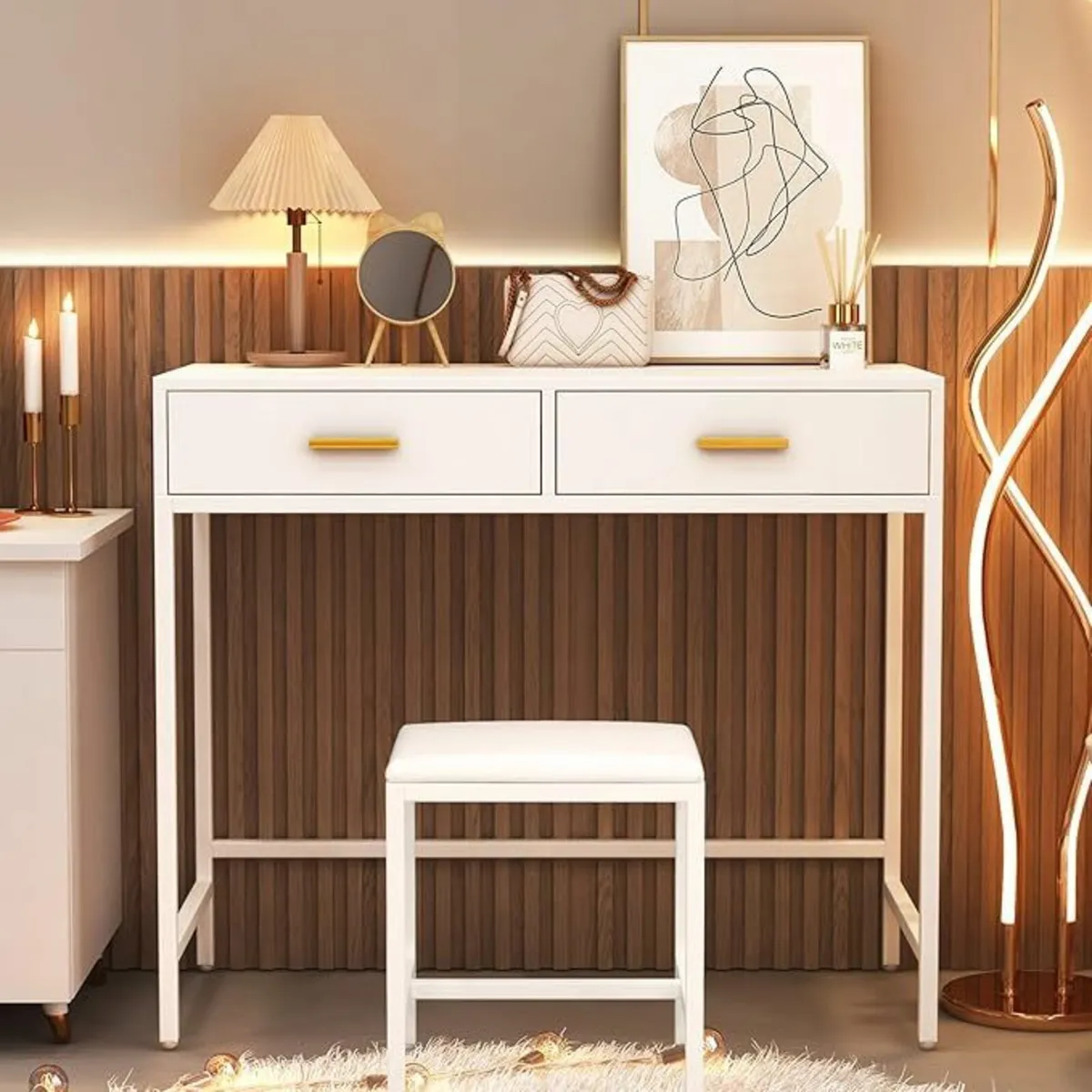 White Dressing Table Cushioned Stool, Vanity Table - Image 1