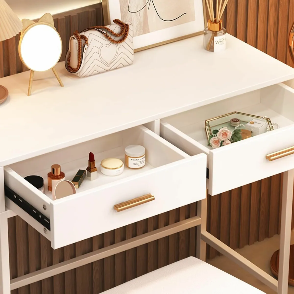 White Dressing Table Cushioned Stool, Vanity Table - Image 3