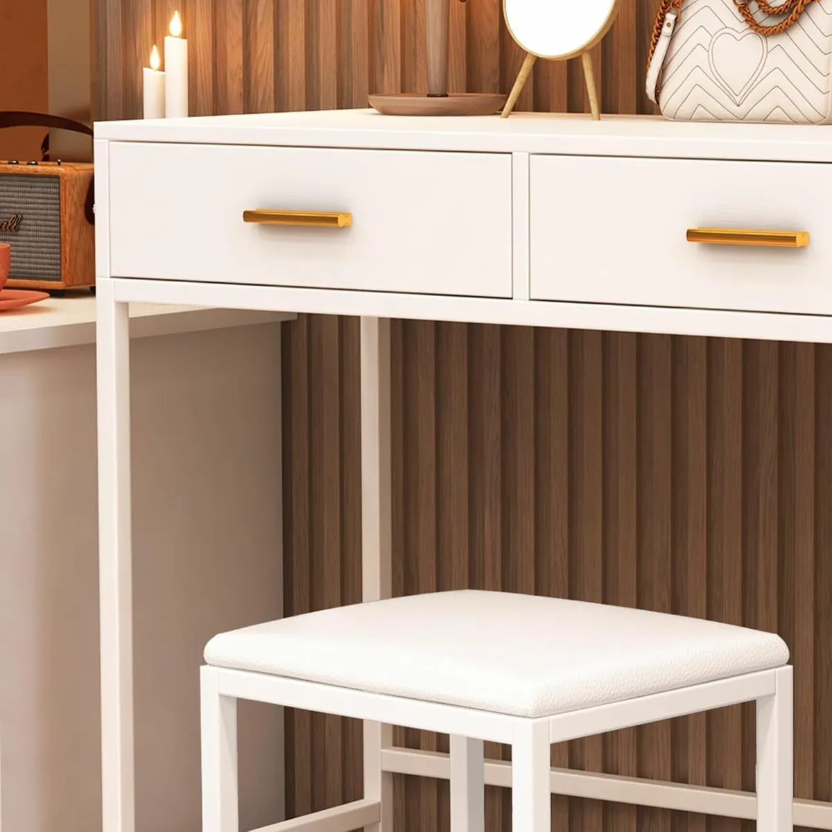 White Dressing Table Cushioned Stool, Vanity Table - Image 4