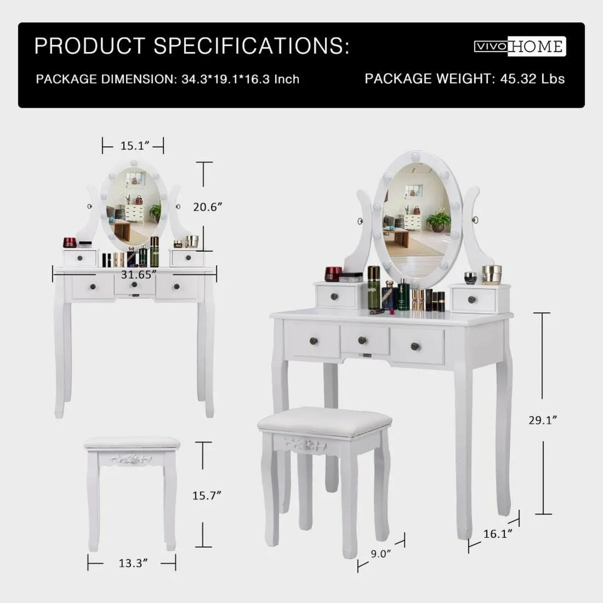 Makeup Vanity Set 10 LED Bulbs Dressing Table - Image 2