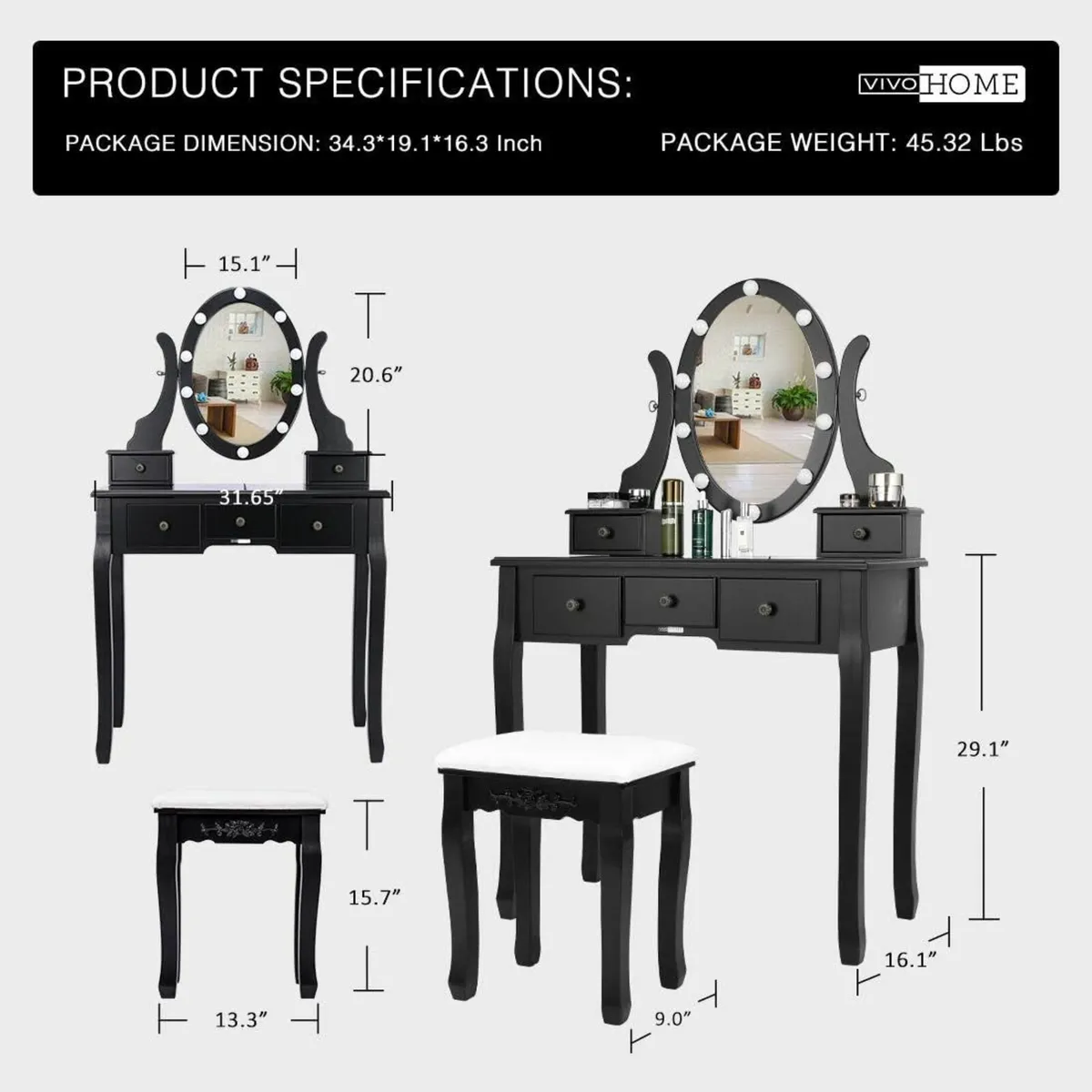 Makeup Vanity Set 10 LED Bulbs, Dressing Table - Image 2