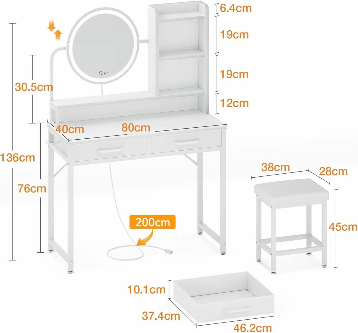 Dressing Table Set height-adjustable mirror LED - Image 4