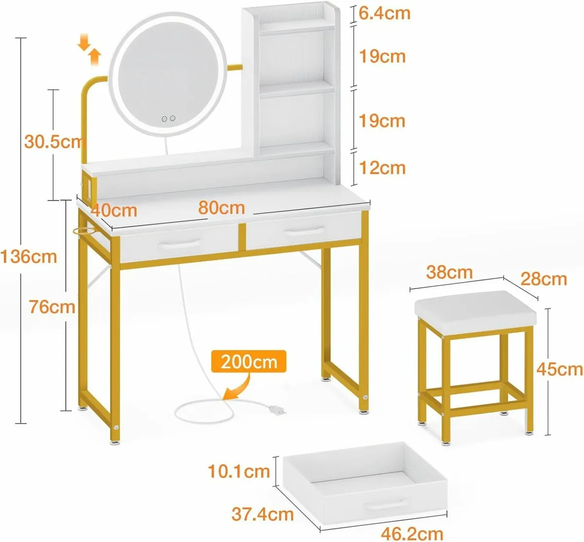 Dressing Table Set height-adjustable mirror Gold - Image 3