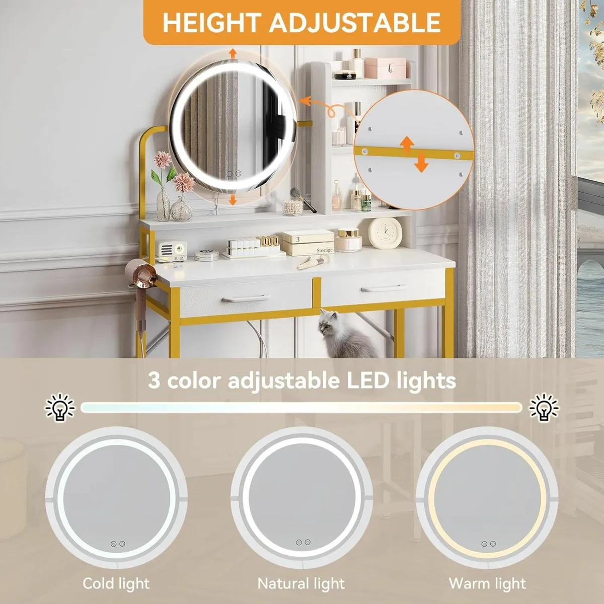 Dressing Table Set height-adjustable mirror Gold - Image 4