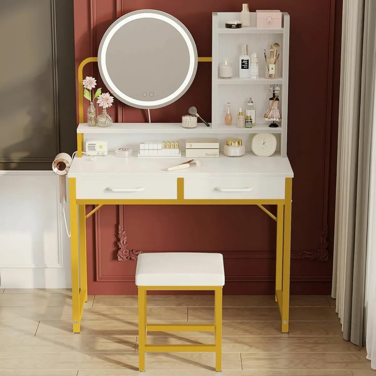 Dressing Table Set height-adjustable mirror Gold - Image 1