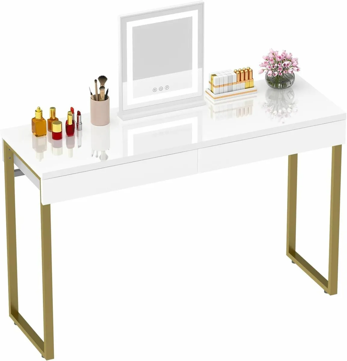 Dressing Table 2 Drawers Glossy White 100x40cm - Image 2