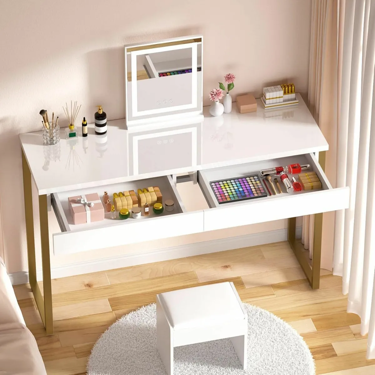 Dressing Table 2 Drawers Glossy White 100x40cm - Image 1