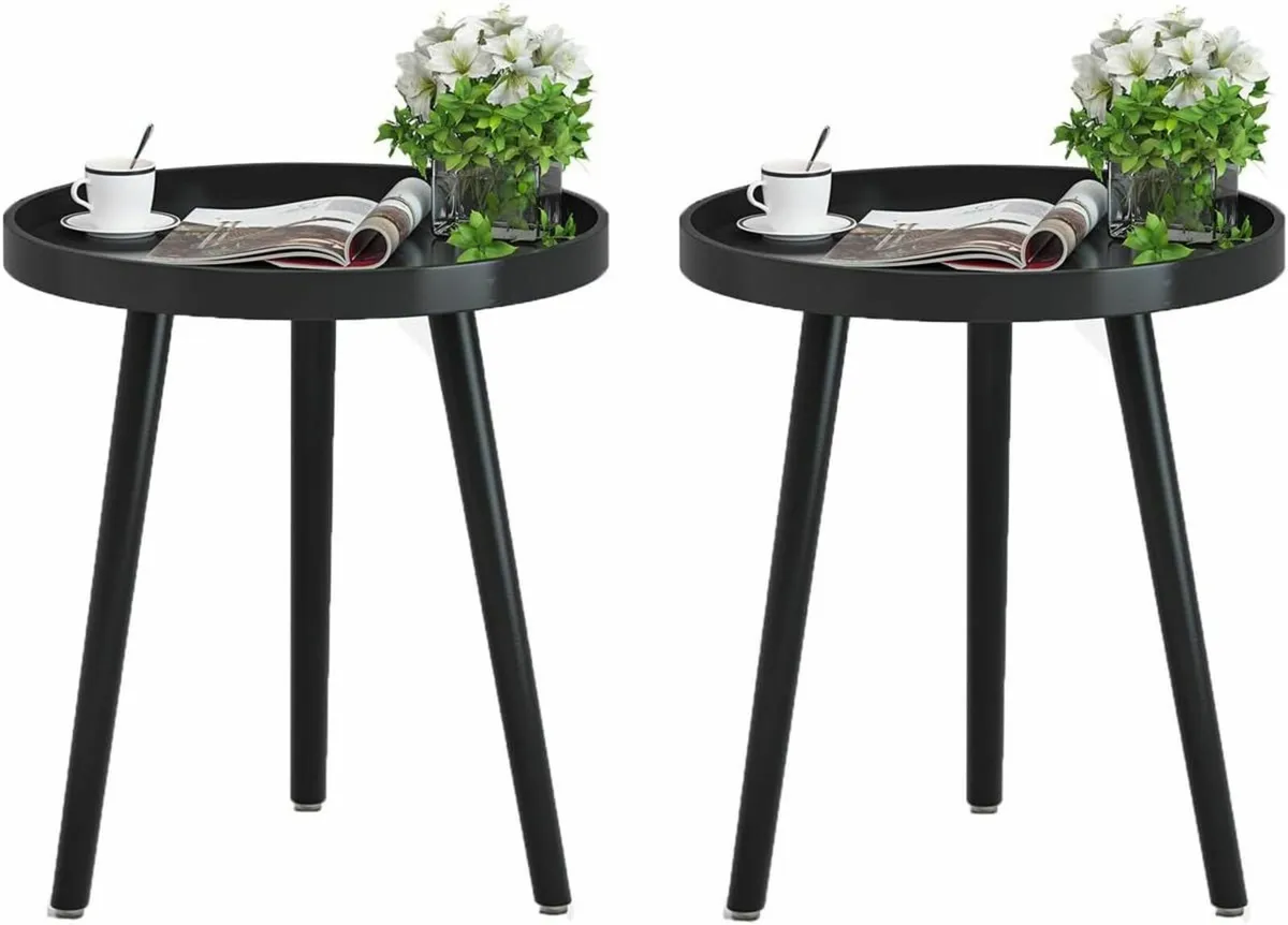Black Side Table of 2, Modern Coffee End Table - Image 1