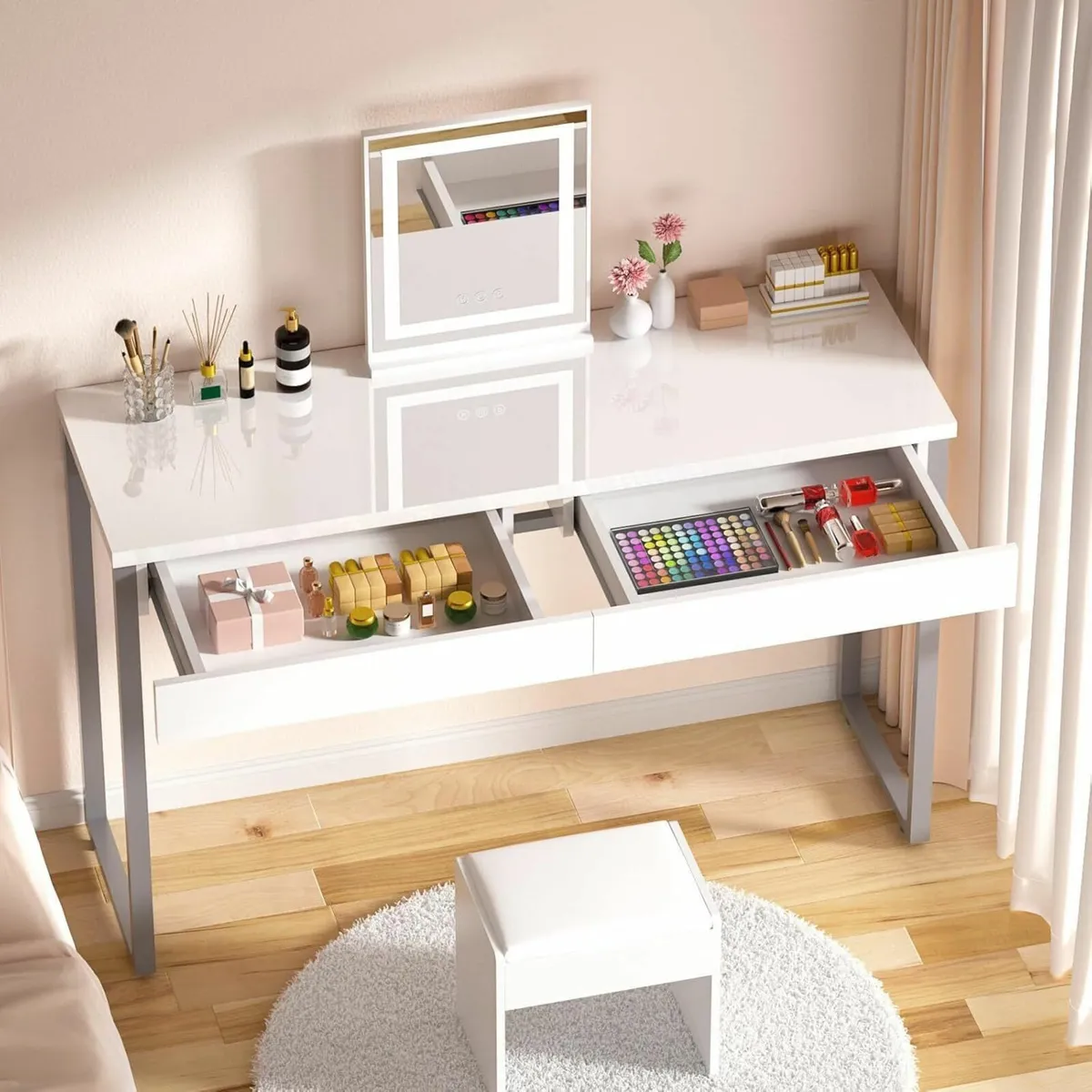 Dressing Table 2 Drawers Glossy White 100x40cm - Image 1