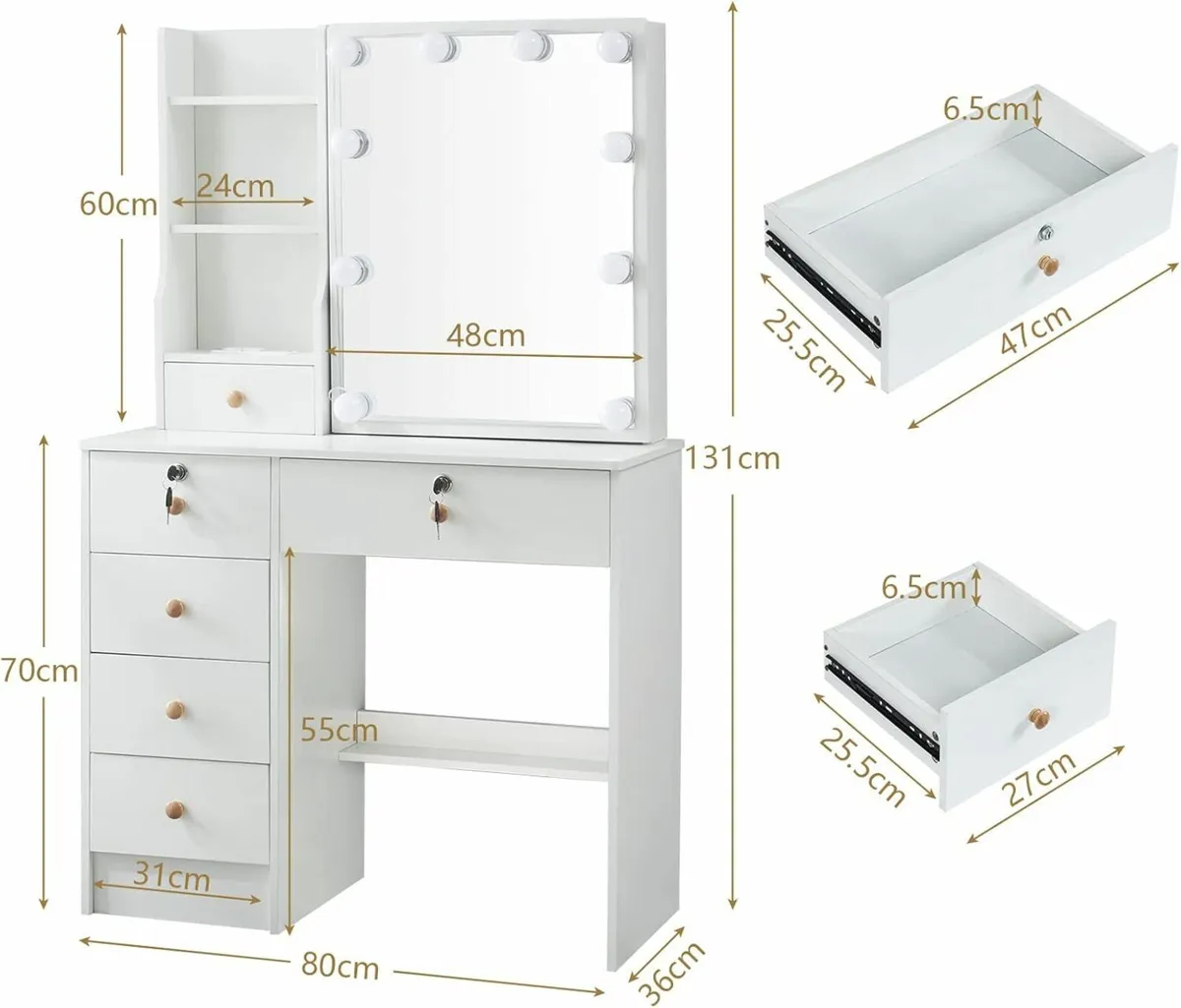 Vanity Desk Mirror  5 Drawers and Stool Bedroom - Image 2