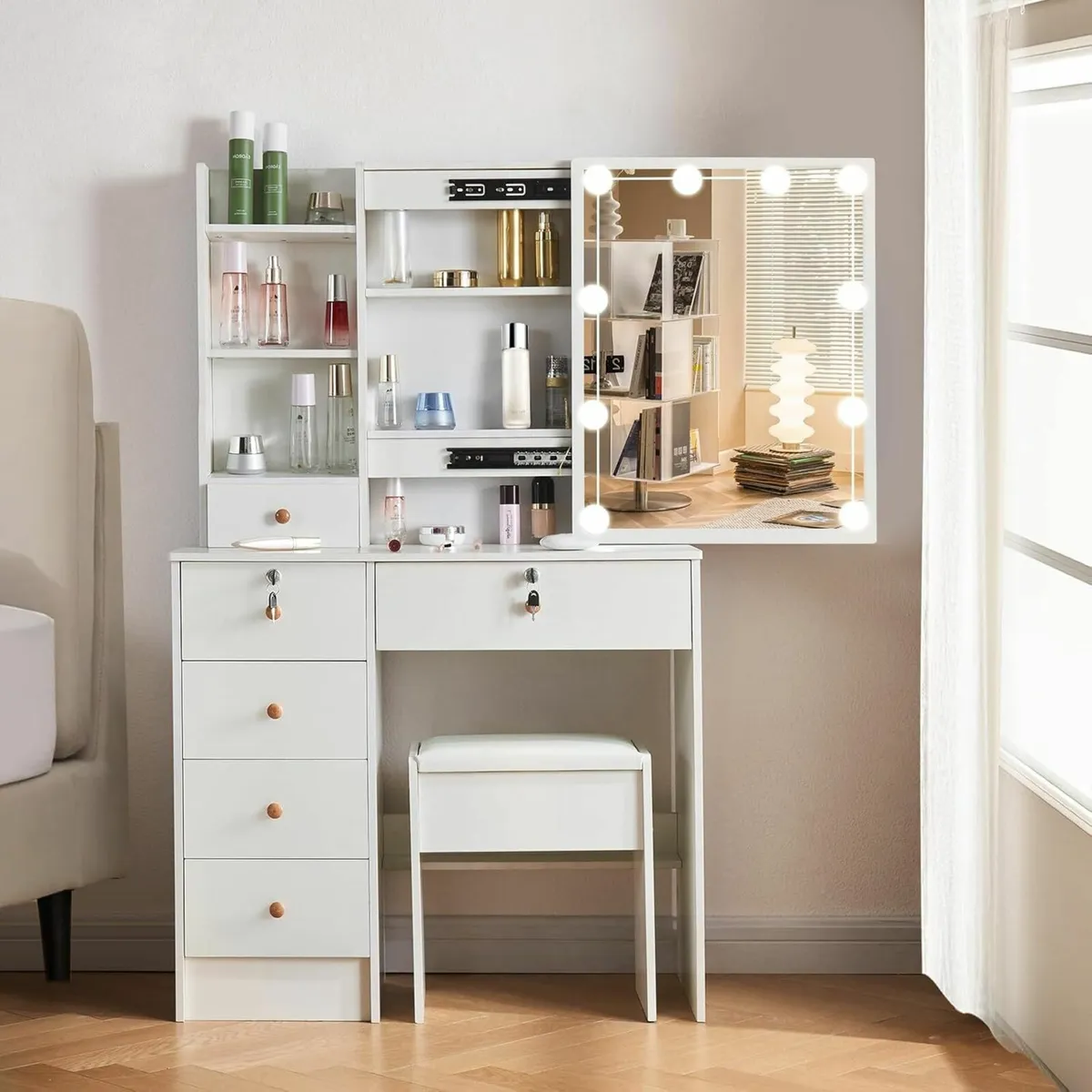 Vanity Desk Mirror  5 Drawers and Stool Bedroom - Image 4