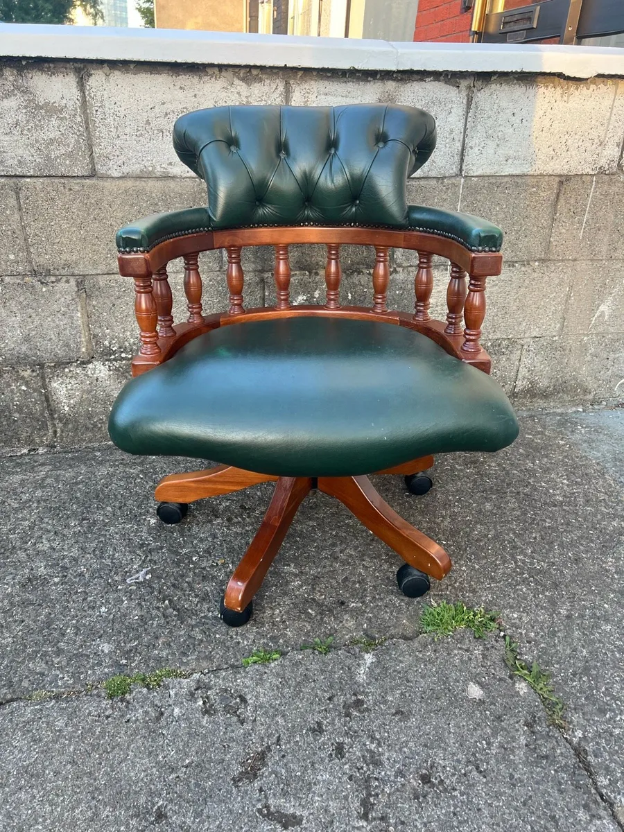 Green Leather Chesterfield Captains Chair Vintage - Image 1