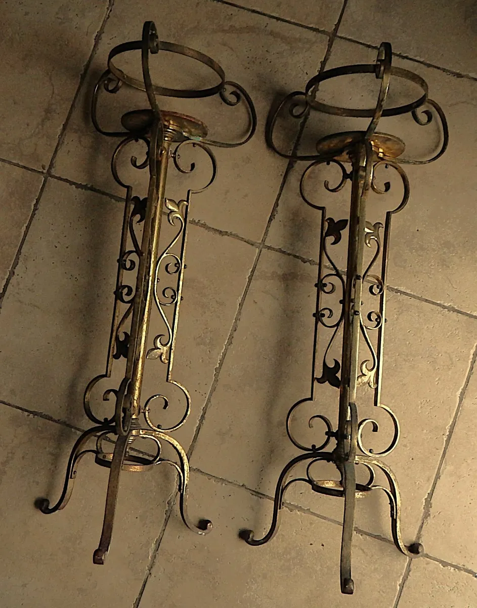 Pair of Ornate Vintage Brass Church Plant Stands - Image 2