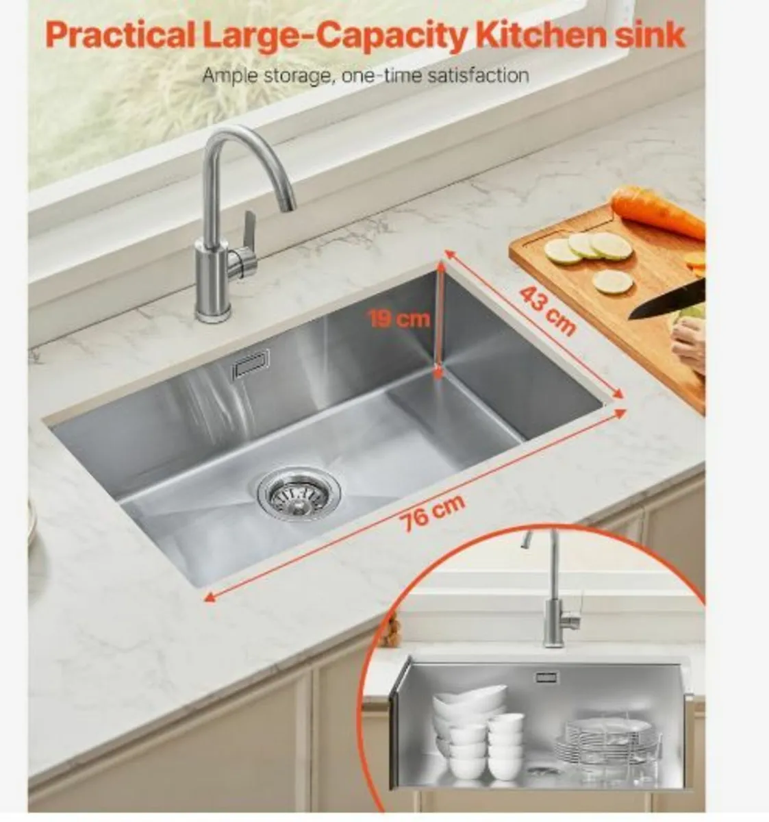 76cm Kitchen Sink Undermount Single Bowl - Image 3