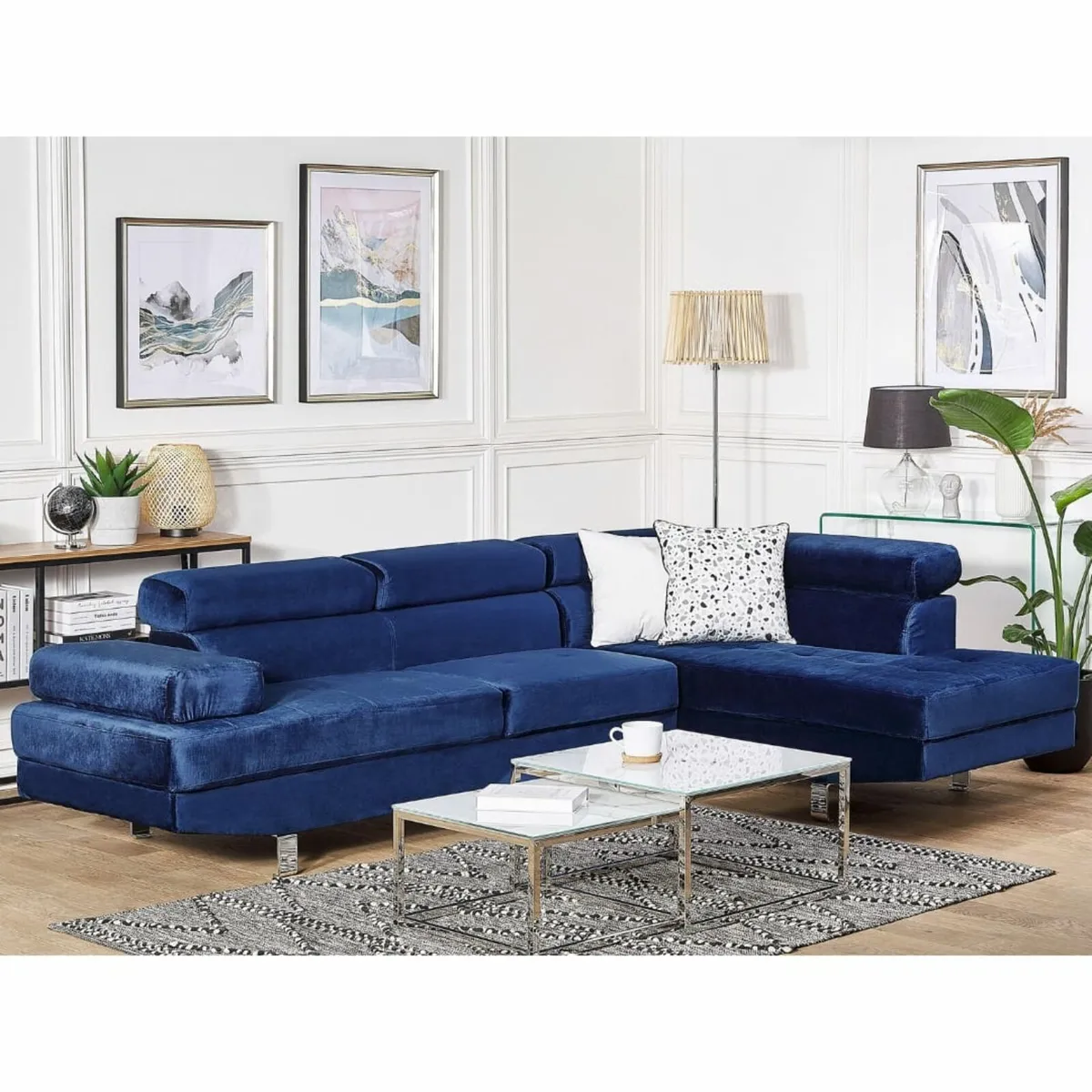 Elegant Blue Velvet Corner Sofa Modern - Image 1