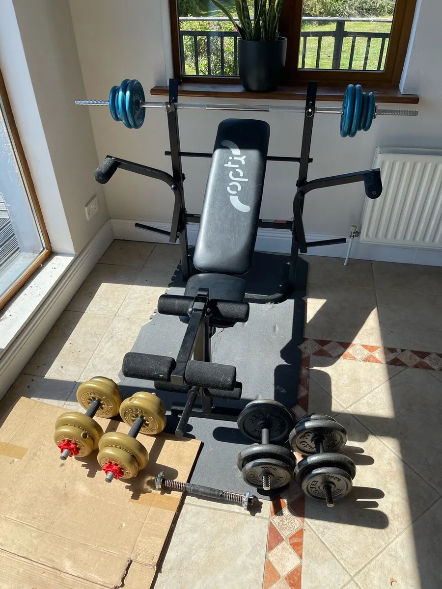 Weight Bench, Barbell, Dumbells, Weights and Mats