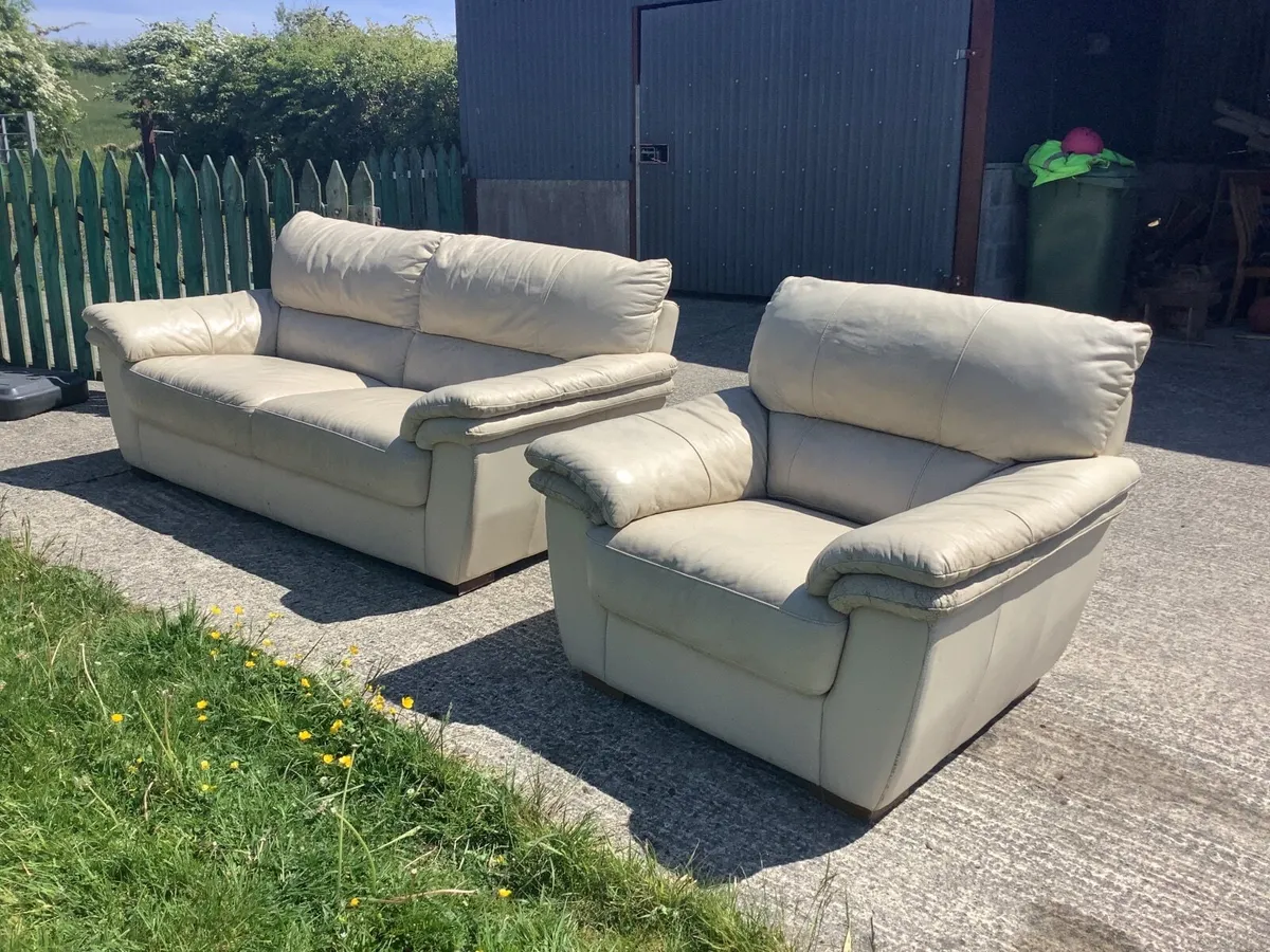Cream Leather Couch - Image 1