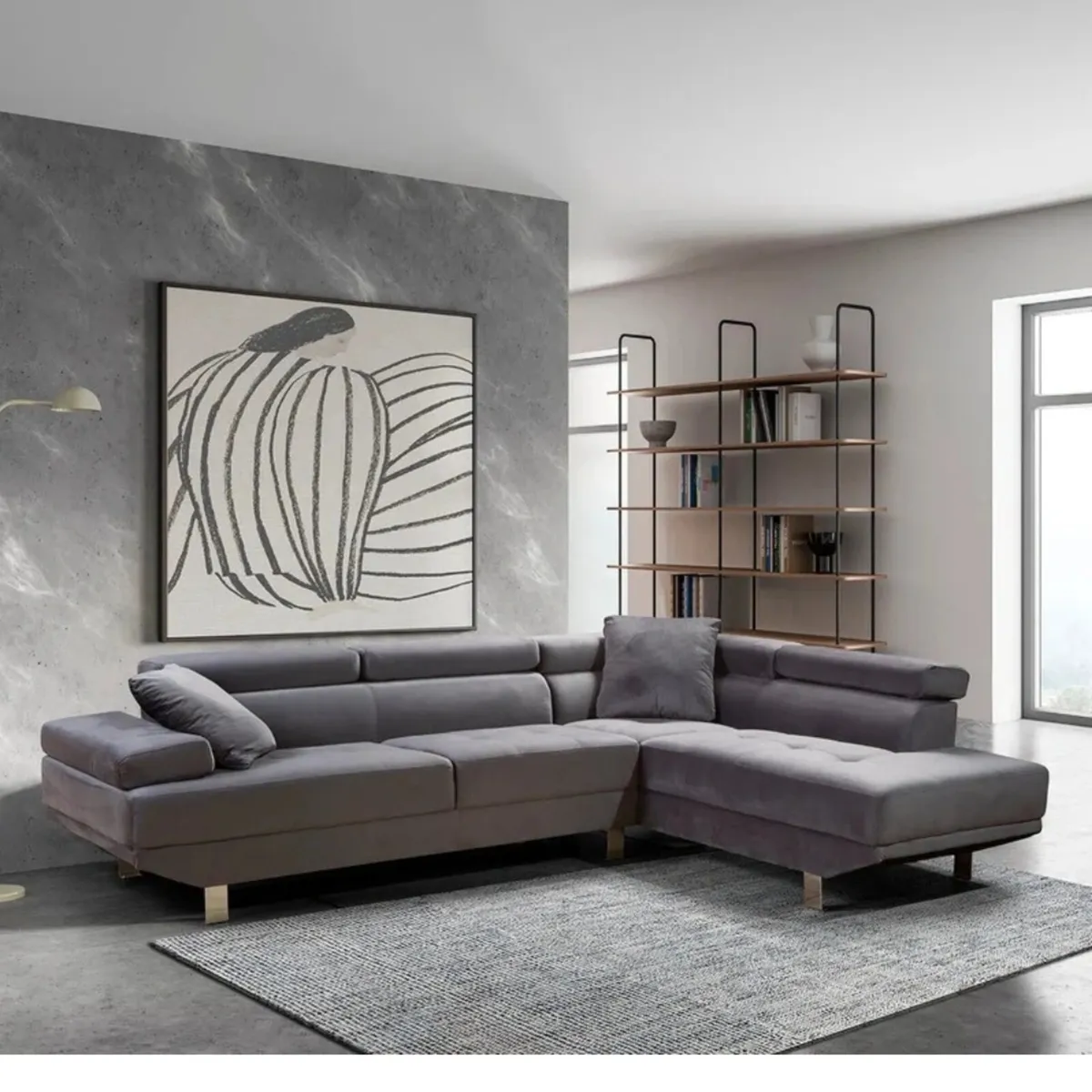 Sleek Grey Velvet Sectional Sofa Cozy - Image 1