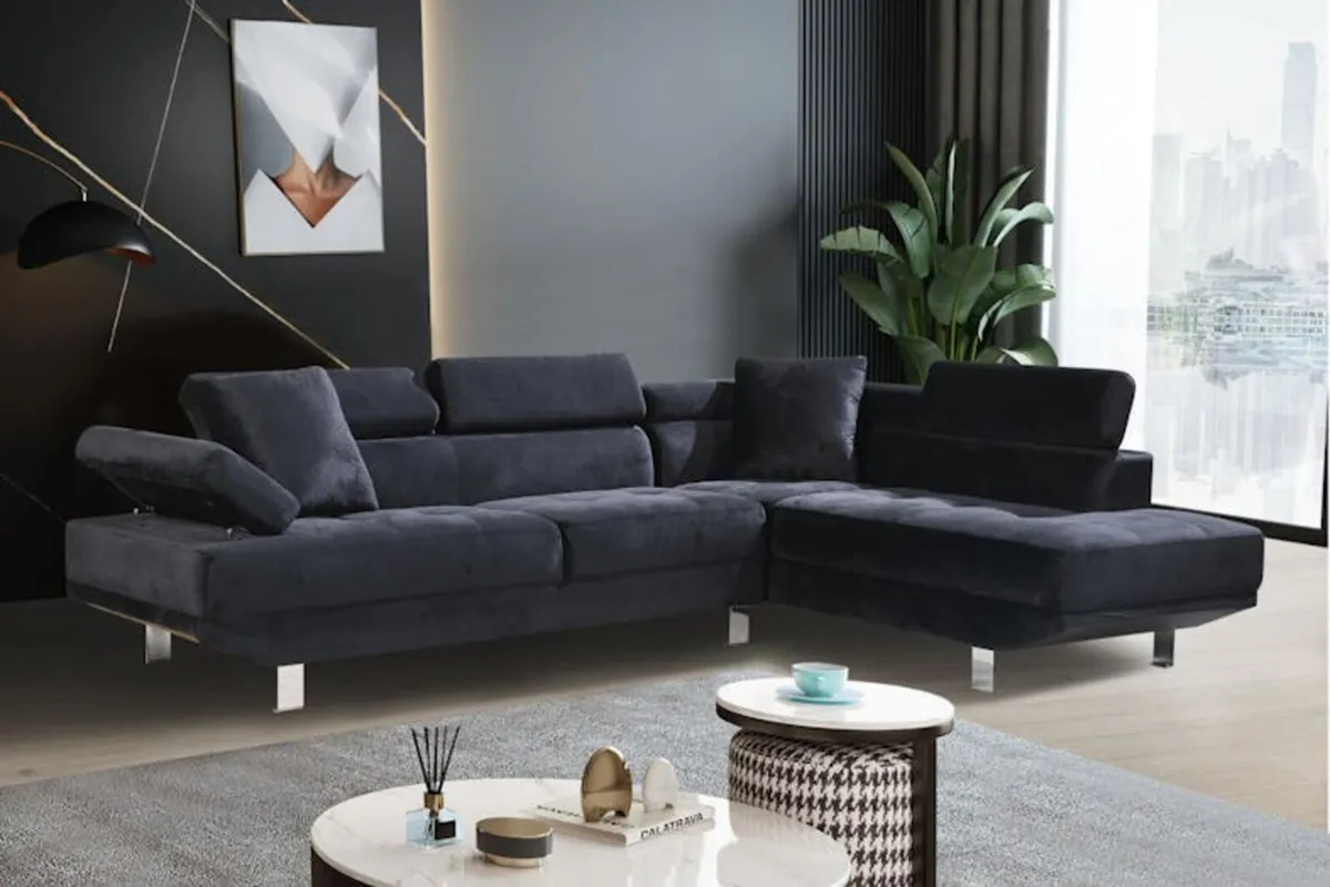 Chic Black Velvet L-Shaped Sofa Premium - Image 1