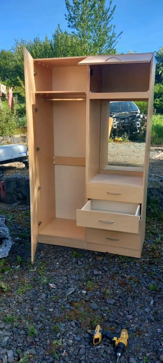 Beech wardrobe with drawers and mirror - Image 2