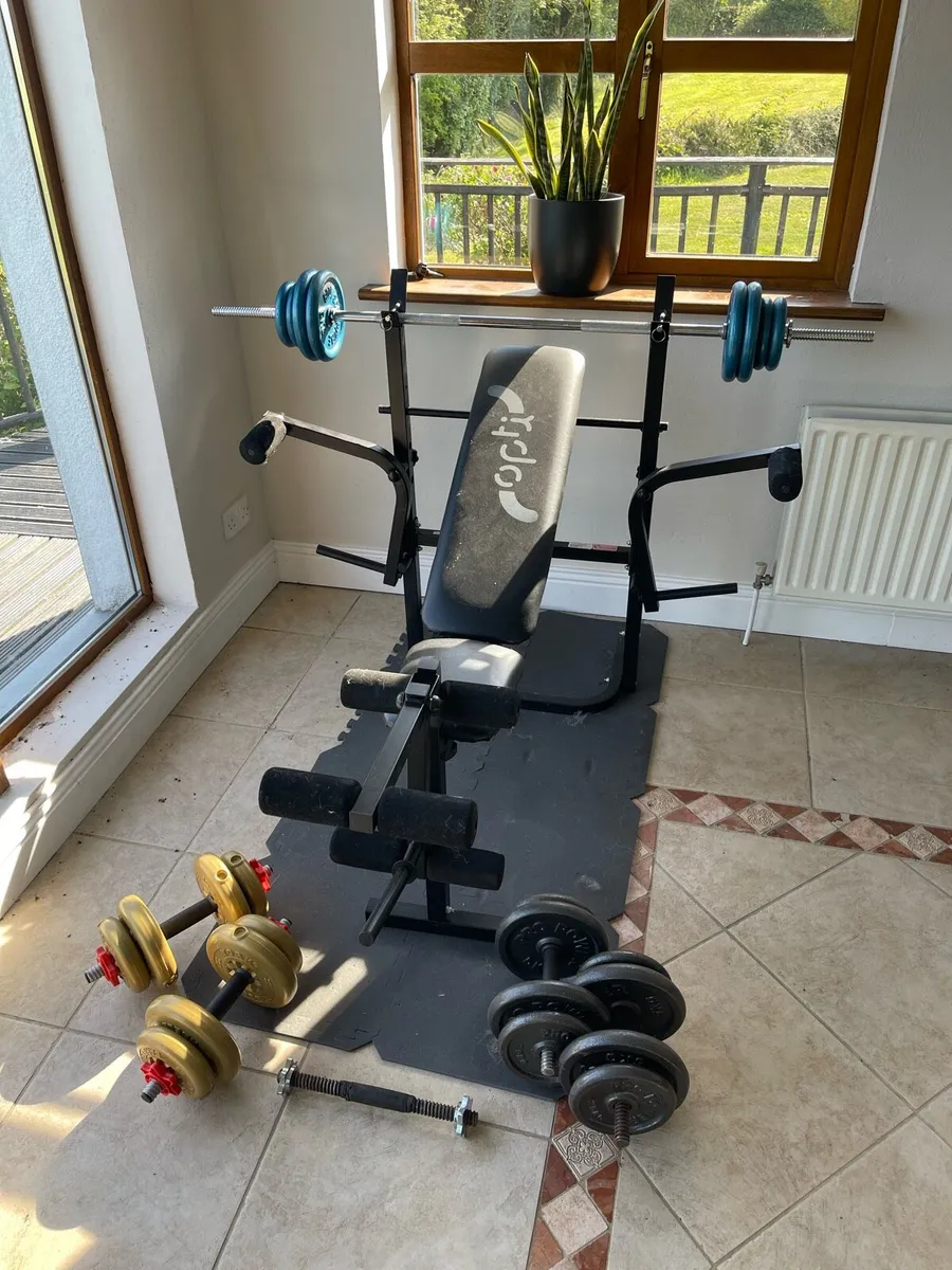 Weight Bench, Barbell, Dumbells, Weights and Mats