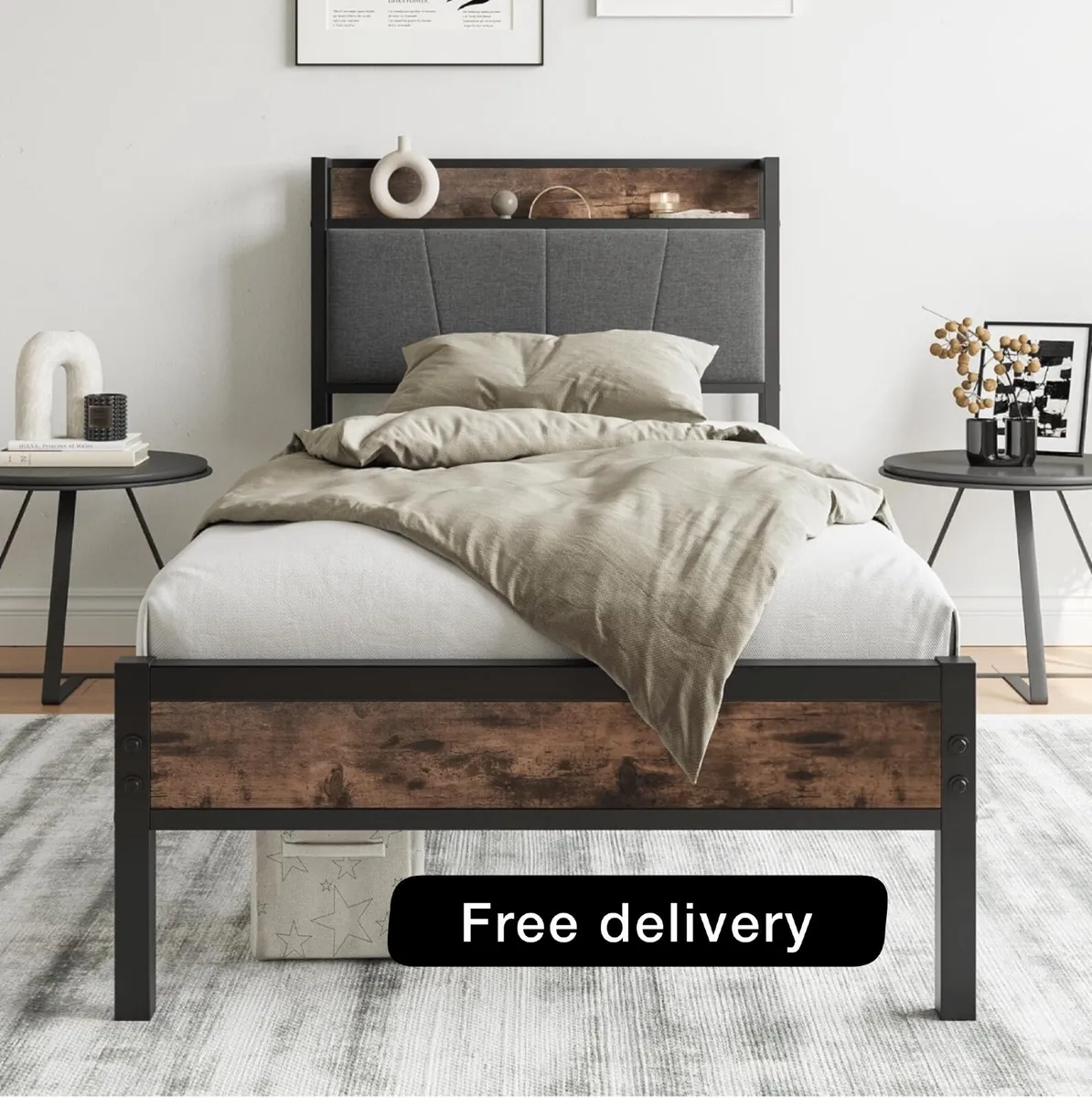 Single Bed Frame with Storage Headboard - Image 1