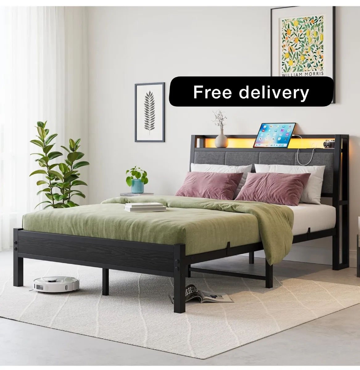 Double Bed Frame, Bed Frame Double with Charging S - Image 1