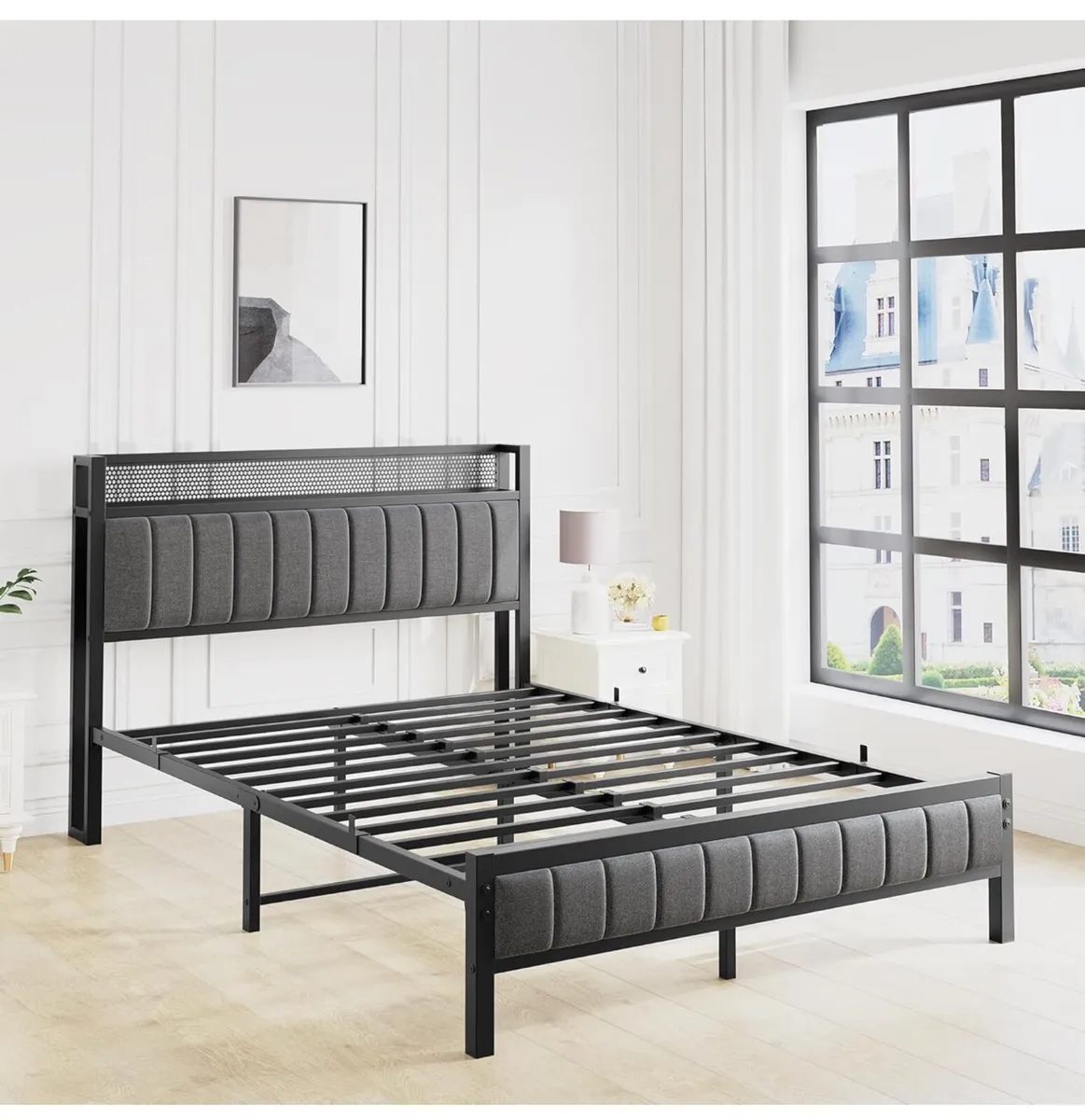Double Bed Frame with Wooden Storage Headboard - Image 4