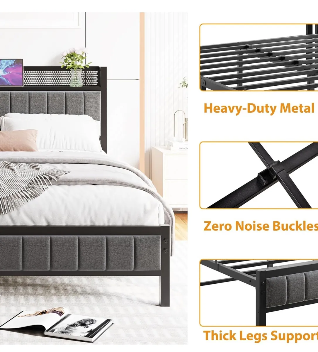 King Size Bed Frame with Storage Wooden Headboard - Image 3